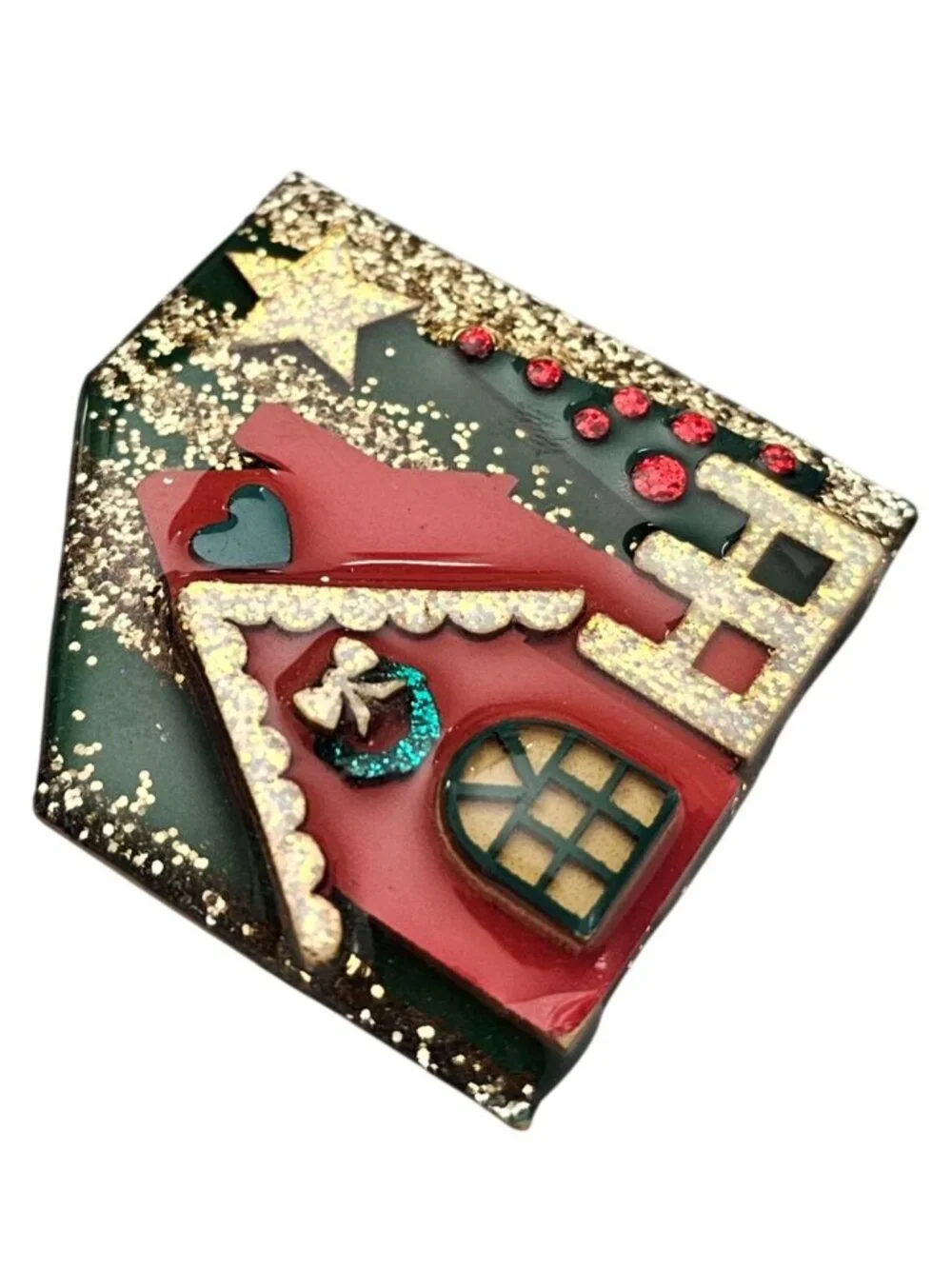 Lucinda Red House Christmas Tree Sparkle Star Pin J848